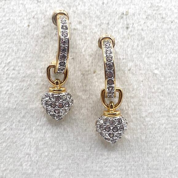 Vintage Gold Plated Two Tone Pave Rhinestones Heart Drop Half Hoop Studs - Picture 6 of 6